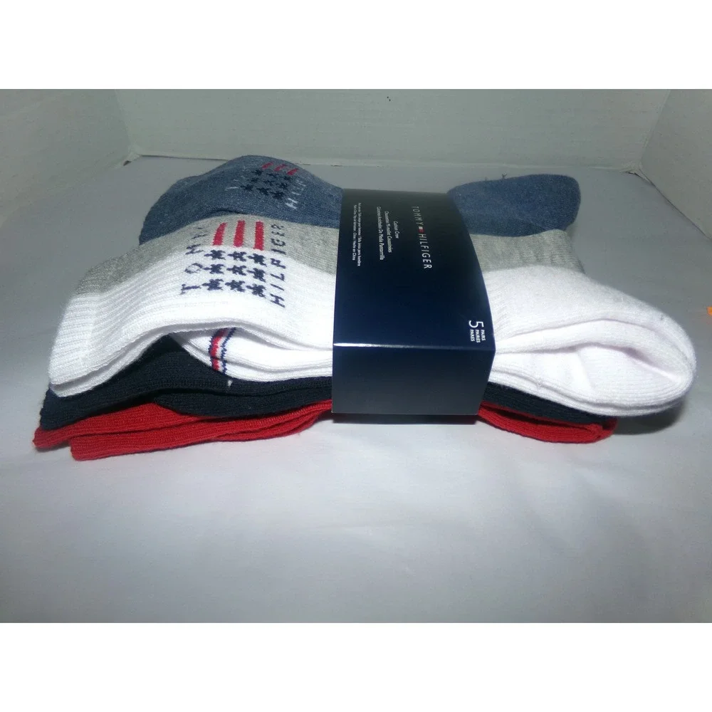 Tommy Hilfiger Mens Cushion Crew Socks 5 Pair Pack Multi Color Logo One Size